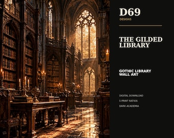 Gothic Library Wall Art, Dark Academia Printable, Old World Reading Room Decor