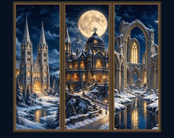 Gothic Winter Digital Prints, Moonlit Cathedral, Observatory, Abbey Ruins (Set of 3)