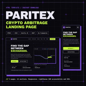 Puede incluir: Una plantilla HTML digital para una página de destino de arbitraje de criptomonedas titulada PARITEX. El diseño presenta un tema oscuro con acentos verde lima, mostrando diseños de escritorio y móviles, especificaciones y un gráfico.