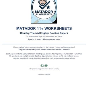 Puede incluir: Un documento digital titulado MATADOR 11+ WORKSHEETS Country-Themed English Practice Papers. Incluye un logotipo circular con un personaje de dibujos animados y texto sobre cinco exámenes de práctica sobre Inglaterra, Francia, España, EE. UU. y Jamaica.