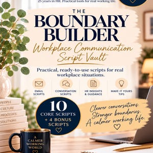 Puede incluir: Un gráfico promocional para The HR Nook with Suganne, titulado The Boundary Builder Workplace Communication Script Vault. Incluye texto sobre 10 guiones principales, 4 guiones adicionales y una taza azul oscuro con borde dorado y texto.