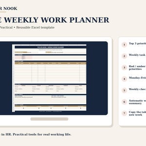 May include: A digital weekly work planner Excel template titled The HR Nook. The layout features sections for top 3 priorities, a weekly task tracker, red, amber, and green priority indicators, Monday-Friday focus, and a weekly check-in summary.