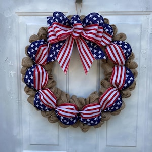 Patriotic American flag wreath 250 door decor 4th of July burlap wreath Stars and Stripes front door burlap Patriotic porch wreath image 4