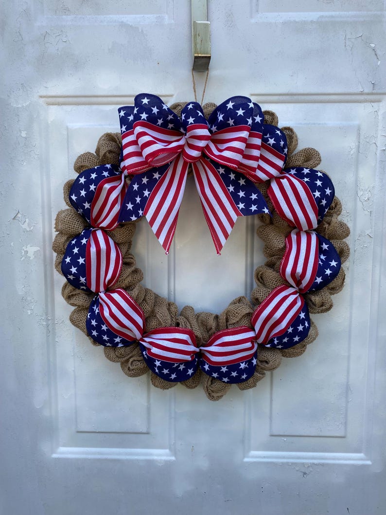 Patriotic American flag wreath 250 door decor 4th of July burlap wreath Stars and Stripes front door burlap Patriotic porch wreath image 4