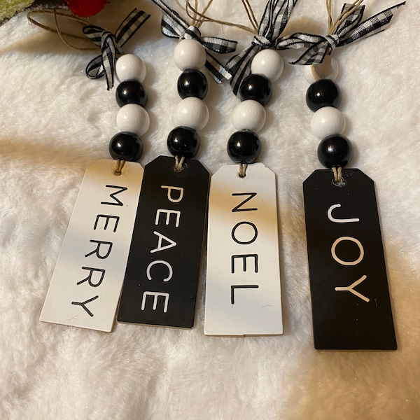 Farmhouse tree ornaments  Christmas farmhouse wood bead Rae Dunn inspired word tag tree ornaments set of 4 mini tree tag wood bead RTS