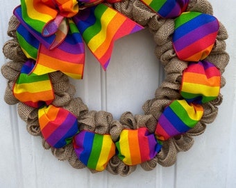 Pride wreath, rainbow wreath,  pride month wreath, June pridefront door LBGTQ wreath LBGTQ decor, burlap rainbow pride wreath Ready to ship