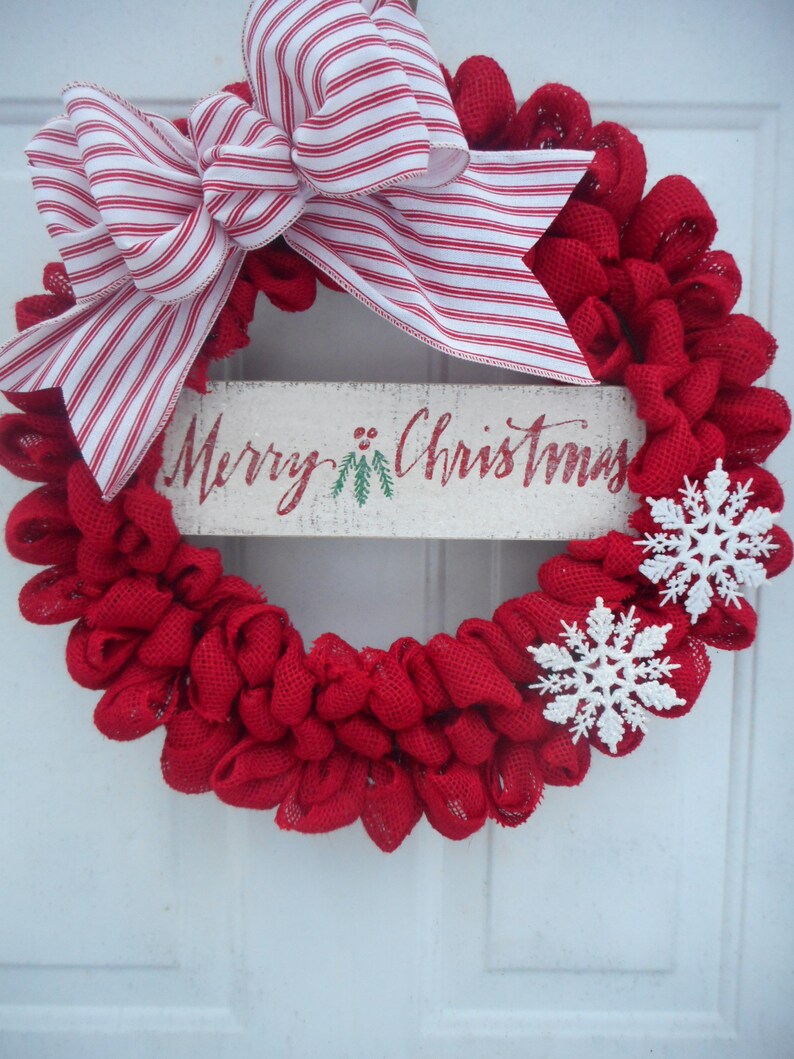 Christmas burlap wreath Farmhouse Christmas wreath Merry Christmas wreath Rustic Christmas wreath Christmas front door Red Holiday wreathRTS
