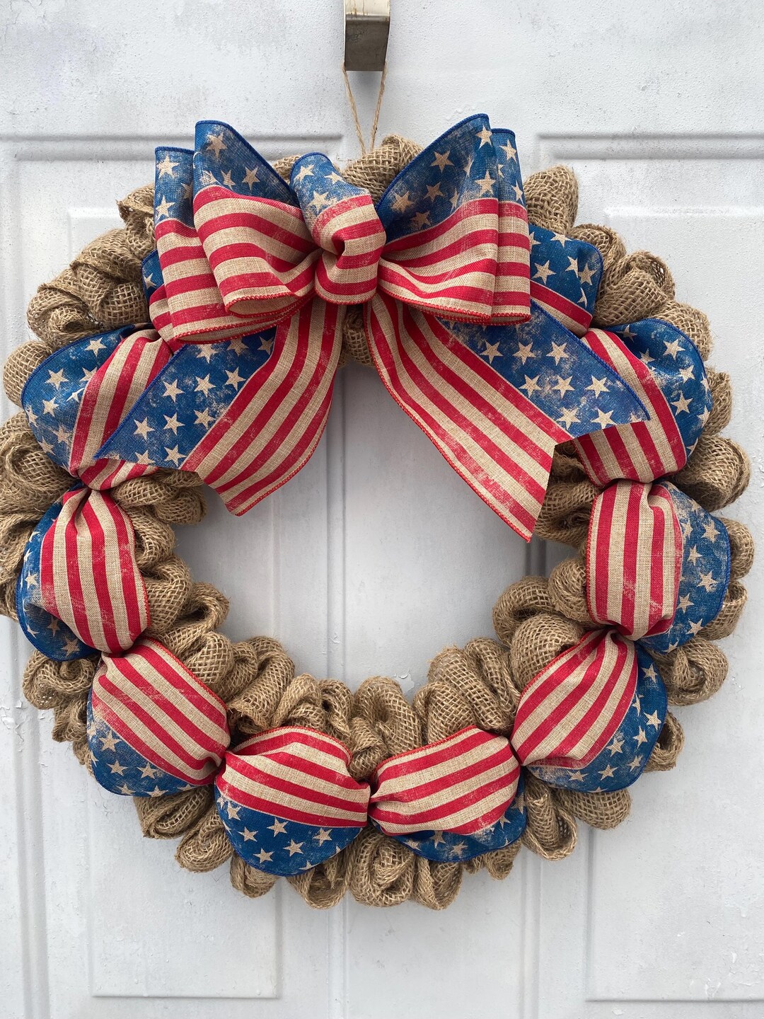 Americana Flag Wreath: Rustic Jute Burlap, Patriotic Door Decor - Etsy