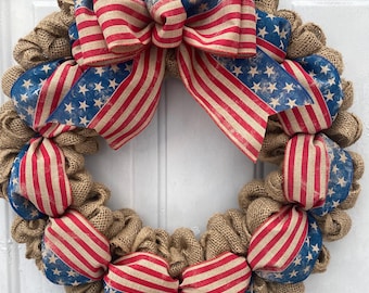 Americana Flag Wreath: Rustic Jute Burlap, Patriotic Door Decor
