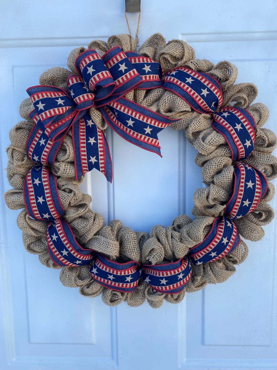 Americana Burlap Patriotic Front Door Wreath Stars and Stripes Rustic ...