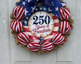 Patriotic burlap wreath USA 250 anniversary front door red white blue flag wreath Memorial Day July 4th door decor