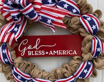 Wreath patriotic patriotic door wreath God bless America memorial day wreath July 4 stars and stripes patriotic front door RTS.