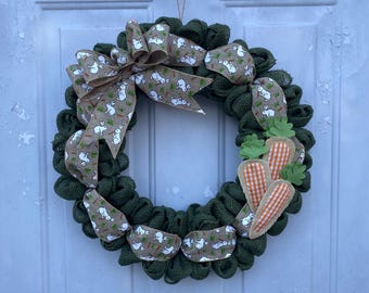 Burlap Wreath with Carrots and Bunnies – Spring Easter Door Decor