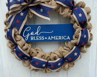 Wreath patriotic patriotic front door wreath burlap Patriotic God bless America Memorial Day Wreath July 4th wreath patriotic door decor RTS