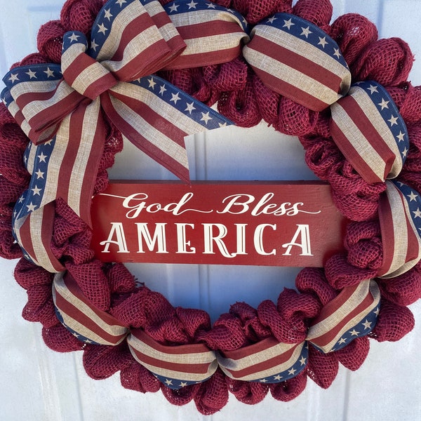 Patriotic burlap wreath burlap patriotic wreath patriotic front door patriotic door Decor God Bless America wreath Americana Stars n stripes