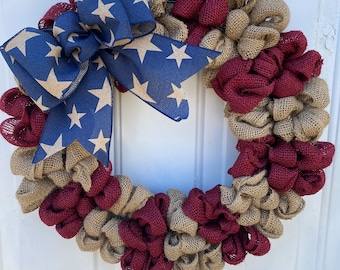 wreath patriotic burlap patriotic door wreath July 4th Memrorial Day americana wreath americana patriotic front door RTS