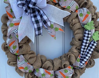Burlap Carrot Wreath: Buffalo Plaid Spring Door Decor