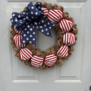 Patriotic Burlap Wreath: Stars and Stripes, Memorial Day Decor USA 250 front door July 4th door decor