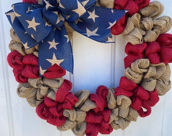 wreath Primitive Patriotic wreath burlap Americana wreath Country Americana wreath Stars and Stripes Labor Day wreath ready to ship