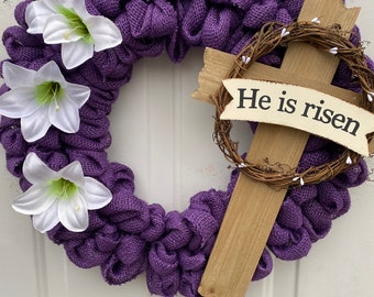 Easter He is Risen purple burlap wreath Easter Christian cross wreath Easter white Lilly Religious wreath Easter cross decor RTS
