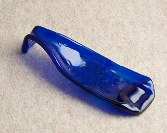 Cobalt Blue Glass Bottle Spoon Rest for Stove Tops Bent Neck Style Melted Bottle