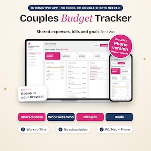 Puede incluir: Un rastreador de presupuesto para parejas mostrado en una pantalla de computadora portátil y un teléfono inteligente. La interfaz muestra gastos compartidos, facturas y objetivos financieros. El texto incluye 'Couples Budget Tracker' y 'Included Phone version'.