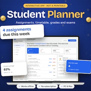 Op de afbeelding: Een digitale studentenplanner-app op een laptopscherm, met een dashboard voor opdrachten, rooster, cijfers en examens. De interface toont onder andere 4 opdrachten voor deze week, een gemiddelde van 83% en een GPA van 2.75 B+.