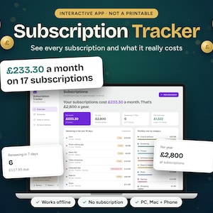 Subscription Tracker App | Monthly Subscription Cost, Renewal Calendar and Free Trial Reminder | Works Offline, No Subscription