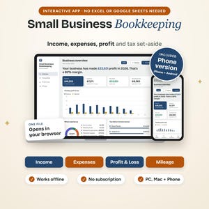 Pode incluir: Uma ferramenta de contabilidade digital para pequenas empresas exibida em uma tela de laptop e smartphone. A interface mostra visão geral do negócio, receitas, despesas, lucro e dados fiscais com gráficos. Texto: Small Business Bookkeeping, Interactive App.