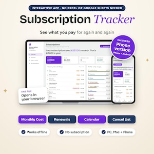 Pode incluir: Um rastreador de assinaturas exibido na tela de um laptop e smartphone. A interface mostra dados financeiros, custos mensais e datas de renovação. Texto: Subscription Tracker, One file opens in your browser, Included Phone version.