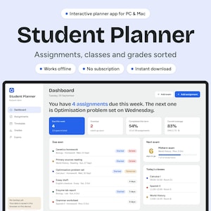 Könnte beinhalten: Eine digitale Studentenplaner-App-Oberfläche für PC und Mac auf einem Bildschirm. Das Dashboard zeigt Aufgaben, Noten und Stundenpläne mit dem Text Student Planner, Assignments, classes and grades sorted sowie weiteren Details.