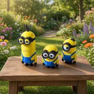 Op de afbeelding: Drie gele Minion-figuurtjes met zwarte brillen en blauwe overalls op een houten oppervlak. Het langste figuurtje heeft een dun plukje zwart haar bovenop, terwijl de twee kortere figuurtjes gladde hoofden en rondere lichamen hebben.
