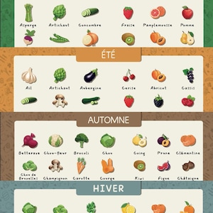 Peut inclure: Un tableau des fruits et légumes de saison organisé par les titres Printemps, Été, Automne et Hiver. Le document présente des illustrations colorées de divers produits étiquetés en français, incluant asperges, artichauts, baies, agrumes et légumes racines.