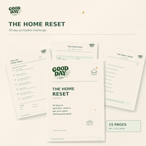 Puede incluir: Un conjunto de documentos imprimibles titulados The Home Reset 30-day printable challenge. Las páginas presentan texto verde oscuro e iconos de líneas sobre un fondo crema claro, incluyendo listas de tareas semanales y objetivos diarios.