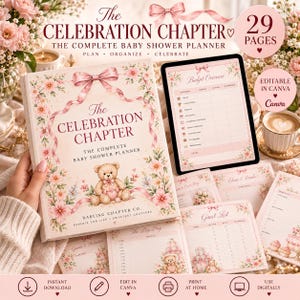 Könnte beinhalten: Ein 29-seitiger Babyparty-Planer mit dem Titel The Celebration Chapter, verziert mit einem Teddybären und rosa Blumenmotiven. Das Set enthält ein physisches Buch, ein Tablet mit einer Budgetübersicht und verschiedene Planungsblätter.