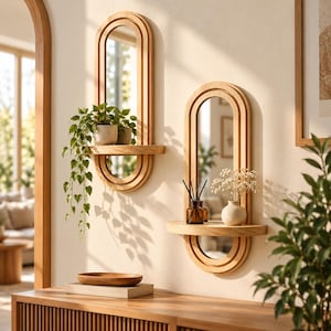 May include: Two vertical oval wall mirrors with light wood frames, each featuring an integrated horizontal shelf. The left mirror holds a trailing green plant in a pot, while the right mirror displays a small vase with dried flowers and a reed diffuser.