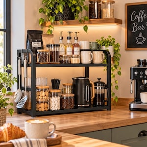 May include: A two-tier black metal countertop organiser shelf holding various glass jars with bamboo lids, syrup bottles, mugs, a black electric kettle, and a French press. Two metal kitchen utensils hang from the side of the frame.