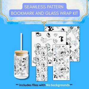 May include: A seamless pattern bookmark and glass wrap kit featuring a clear glass can with a bamboo lid and straw, alongside rectangular and square digital sheets displaying a black and white cat illustration pattern with the text SEAMLESS PATTERN BOOKMARK AND GLASS WRAP KIT.