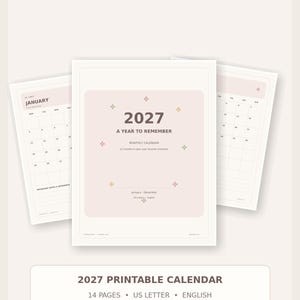 Può includere: Un calendario mensile stampabile per il 2027 di 14 pagine in formato US Letter. La copertina presenta il testo 2027 A YEAR TO REMEMBER, MONTHLY CALENDAR, 12 months to plan your favorite moments, January-December e US Letter English.