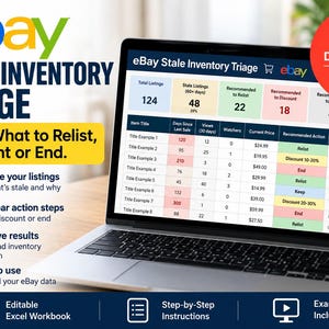 May include: A laptop screen displaying an eBay Stale Inventory Triage Excel workbook. The dashboard features data tables with columns for item titles, days since last sale, views, watchers, current price, recommended actions, and notes.