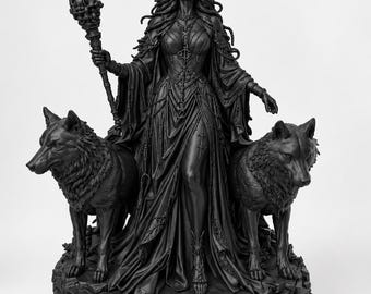 Standbeeld van de godin Hecate met wolfwachters, decoratie voor een heidens altaar, heksenachtige decoratie, godin van de magie, gotisch standbeeld