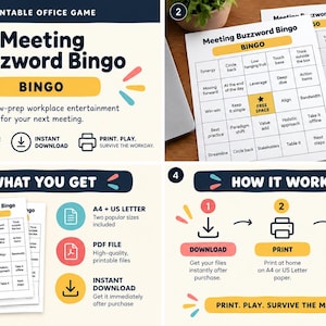 Può includere: Un gioco di bingo stampabile sui termini aziendali, con una griglia di parole comuni da ufficio. Il set include file PDF in formato A4 e US Letter per il download immediato. Il design presenta uno sfondo color crema con accenti vivaci.