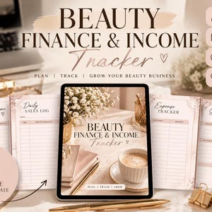 Puede incluir: Una plantilla digital de seguimiento de finanzas e ingresos de belleza con 14 páginas que incluye resumen mensual de ingresos, registro diario de ventas, rastreador de gastos y planificador de objetivos con el texto Beauty Finance & Income Tracker.
