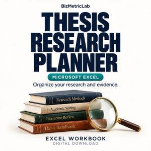 May include: A digital product graphic titled BizMetricLab THESIS RESEARCH PLANNER MICROSOFT EXCEL Organize your research and evidence. Below the text is a stack of four books labeled Research Methods, Academic Writing, Literature Review, and Thesis Handbook, with a gold-rimmed magnifying glass resting beside them. The bottom text reads EXCEL WORKBOOK DIGITAL DOWNLOAD.