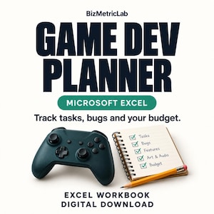 May include: A digital game development planner for Microsoft Excel by BizMetricLab. The text reads GAME DEV PLANNER, MICROSOFT EXCEL, Track tasks, bugs and your budget, and EXCEL WORKBOOK DIGITAL DOWNLOAD. Includes a dark controller and a notepad.