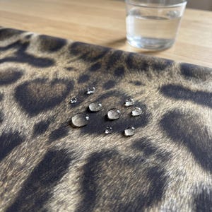 May include: A fabric with a brown and black leopard print pattern featuring several clear water droplets resting on the surface. The material displays a water-repellent quality as the liquid beads up on the textured textile surface.