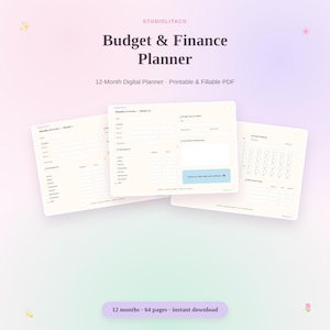 Op de afbeelding: Een digitale budget- en financiële planner met drie paginalay-outs met velden voor maandelijkse overzichten, spaardoelen en schuldregistratie. De tekst luidt Budget & Finance Planner, 12-Month Digital Planner, Printable & Fillable PDF.