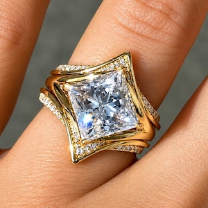 Bague de fiançailles et alliance pavées vintage en moissanite taille princesse 4 carats, ensemble 3 pièces pour femme