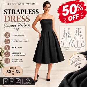 Puede incluir: Un patrón de costura digital para un vestido sin tirantes con corpiño ajustado y falda acampanada de paneles. El diseño incluye cremallera trasera, vistas para escote y sisas, e instrucciones paso a paso. Tallas de XS a XL, formatos A0, A4 y carta.