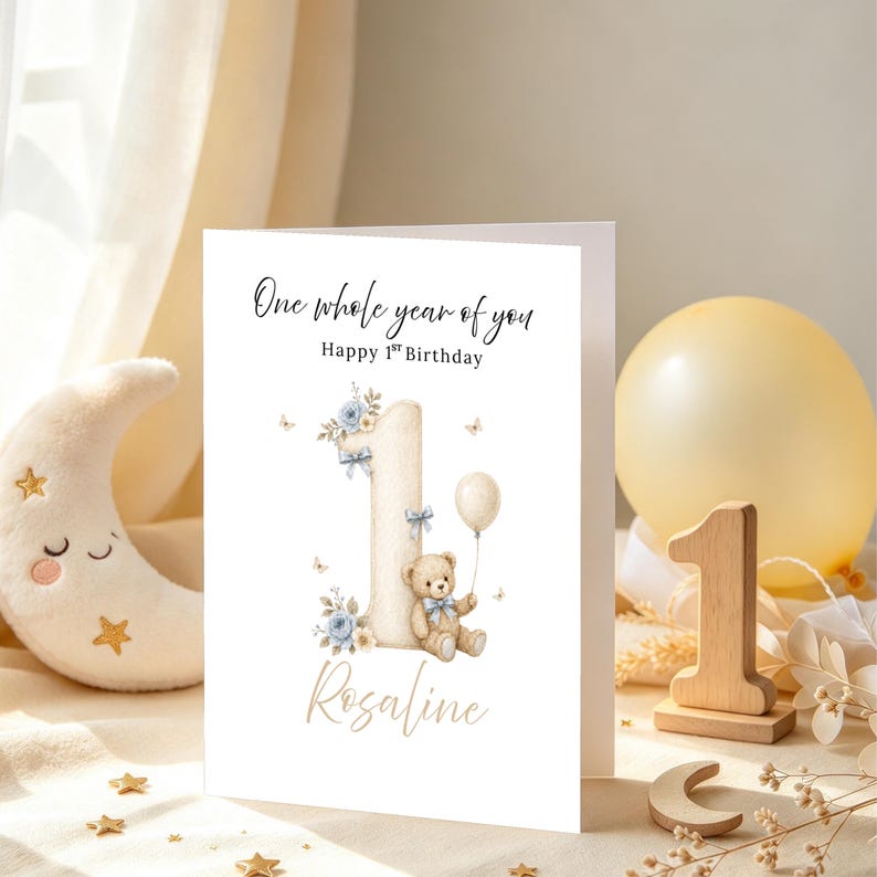 Editable Beige Teddy Bear 1st Birthday Card, Neutral Baby Greeting ...